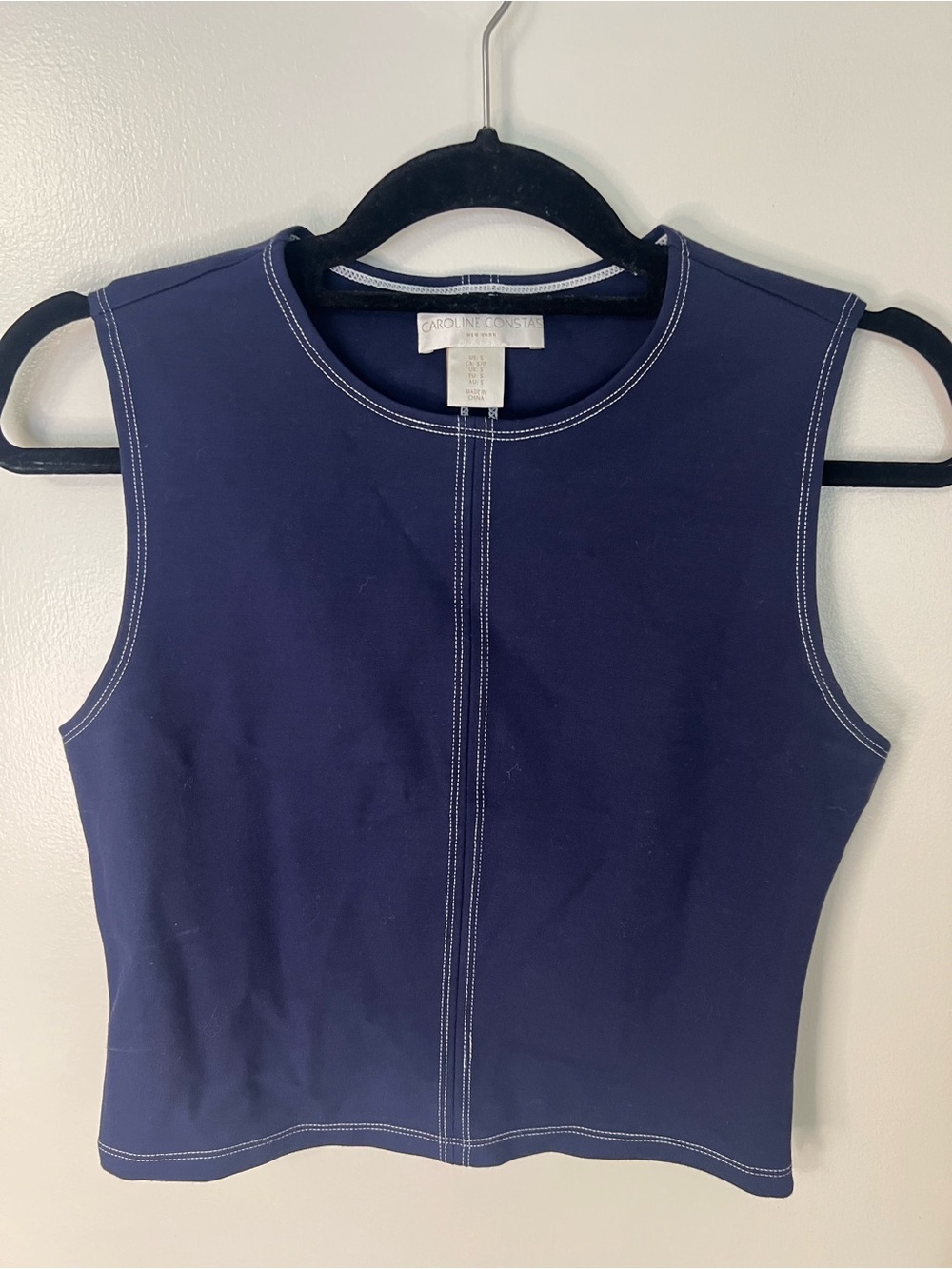Caroline Constas Navy Sleeveless Stitch-Detail Crop Top Festival Party Elevated